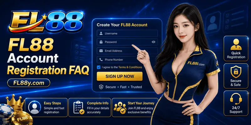 FL88 Account Registration FAQ showing sign-up steps, account details, password setup, verification and safe access tips.