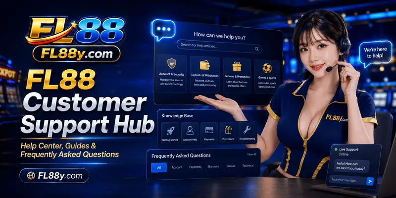 FL88 Customer Support Hub showing help center resources, account guidance, troubleshooting, FAQs and user assistance.