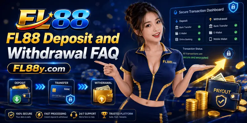FL88 Deposit and Withdrawal FAQ showing payment steps, transaction timing, account checks and secure transfer guidance.