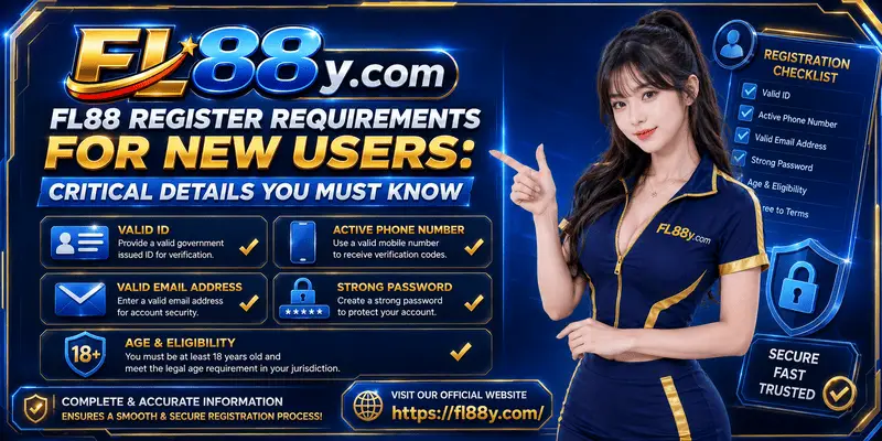FL88 Register requirements checklist showing adult eligibility, user details, secure password and account safety steps.