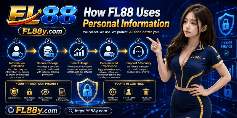 How FL88 uses personal information page showing account services, security checks, communication and privacy safeguards.