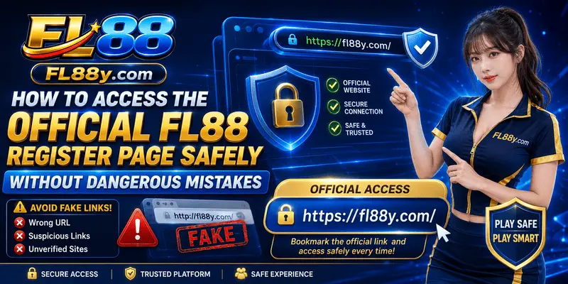 Official FL88 Register page showing safe website access, domain checks, secure sign-up form and phishing risk alerts.