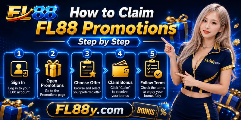 Step-by-step FL88 promotion claim guide showing account login, bonus selection, terms review and confirmation process.