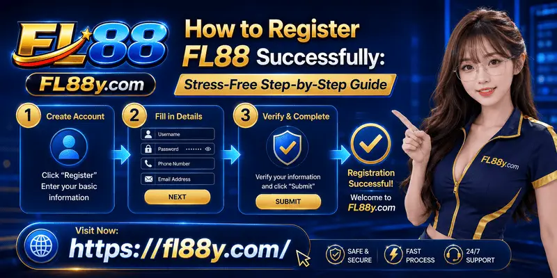 Step-by-step FL88 registration guide showing official access, account details, password setup and verification.