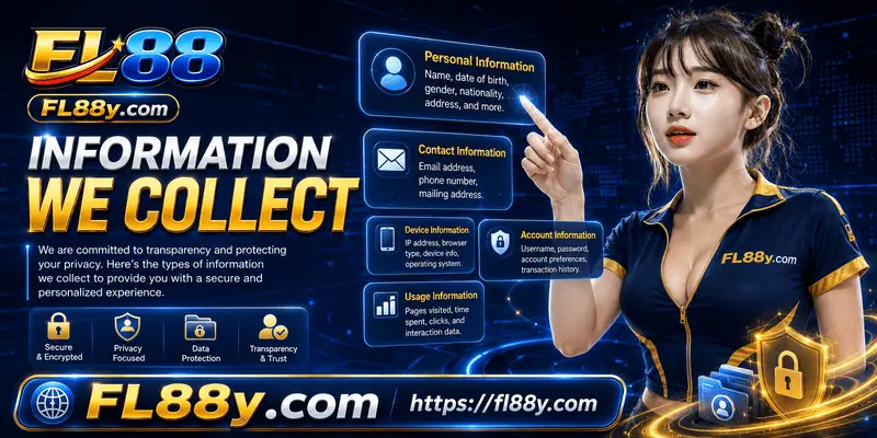 Information We Collect page showing user details, device data, cookies, account activity and privacy collection categories.