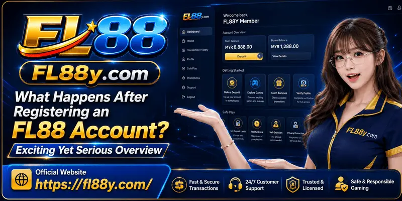 FL88 post-registration overview showing account dashboard, verification, promotion review and account security checks.