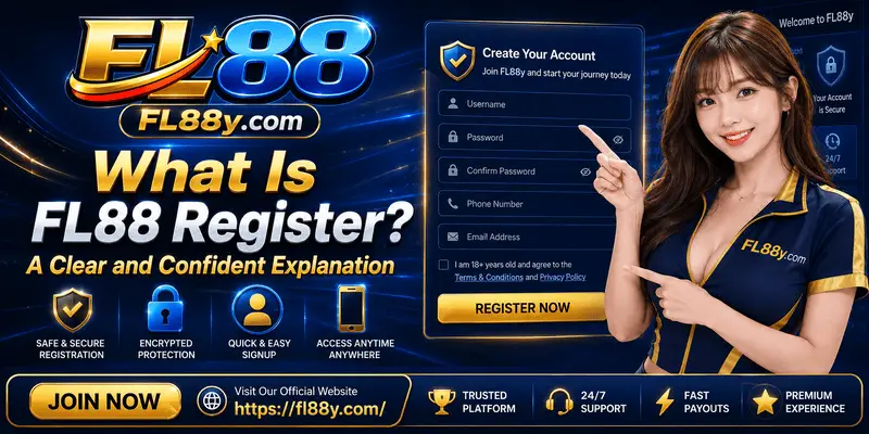 FL88 Register explainer showing account sign-up, official access, user details, password setup and verification steps.